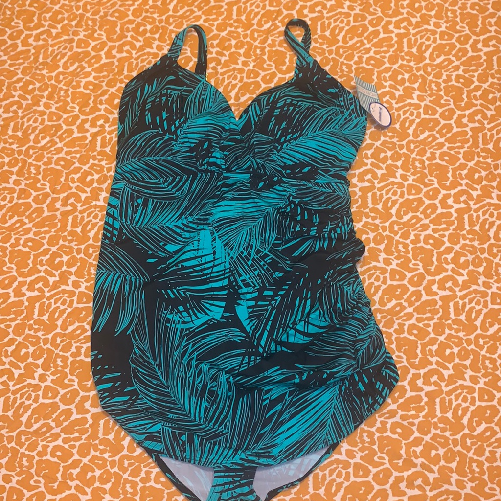 Green And Black Palm Leaf Pattern One Piece Swimsuit